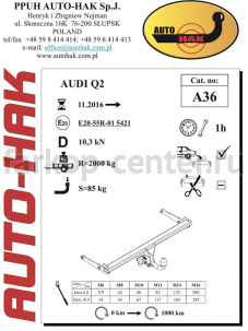 Фаркоп Auto-Hak для AUDI Q2 2018-2019г. Артикул A 36