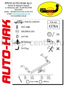 Фаркоп Auto-Hak для RENAULT LOGAN 2014-2019г. Артикул G 78A