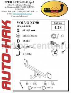 Фаркоп Auto-Hak для VOLVO XC90 2015-2019г. Артикул L 28