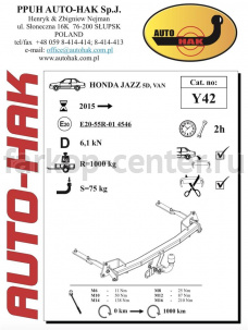 Фаркоп Auto-Hak для HONDA JAZZ 2014-2019г. Артикул Y 42