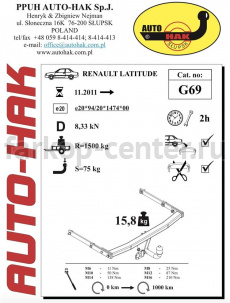 Фаркоп Auto-Hak для RENAULT LATITUDE 2010-2019г. Артикул G 69