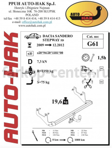 Фаркоп Auto-Hak для RENAULT SANDERO STEPWAY 2010-2014. Артикул G 61