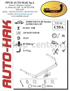 Фаркоп Auto-Hak для FORD FOCUS 3 2011-2019. Артикул C 55A