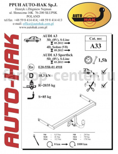 Фаркоп Auto-Hak для AUDI A3 2012-2019г. Артикул A 33
