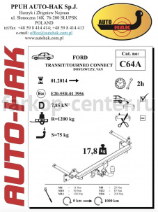 Фаркоп Auto-Hak для FORD TOURNEO CONNECT  2014-2019г. Артикул C 64A
