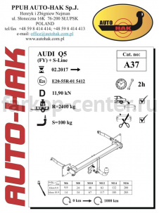 Фаркоп Auto-Hak для AUDI Q5 2017-2019г. Артикул A 37