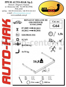 Фаркоп Auto-Hak для RENAULT MEGANE 3 2008-2016. Артикул G 64