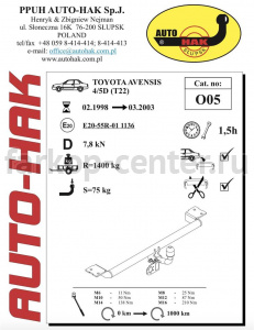 Фаркоп Auto-Hak для TOYOTA AVENSIS 1997-2003. Артикул 0 05