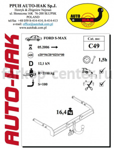 Фаркоп Auto-Hak для FORD S-MAX 2006-2015. Артикул C 49