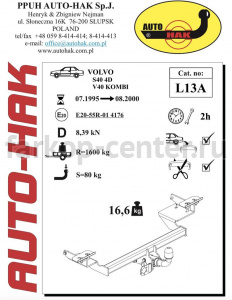 Фаркоп Auto-Hak для VOLVO S40 1995-2004. Артикул L 13A
