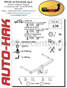 Фаркоп Auto-Hak для AUDI A7 2010-2019г. Артикул A 30