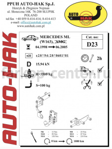 Фаркоп Auto-Hak для MERCEDES-BENZ M-CLASS W163 1998-2005. Артикул D 23