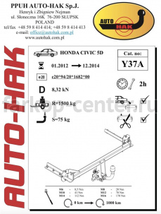 Фаркоп Auto-Hak для HONDA CIVIC 2012-2016. Артикул Y 37A