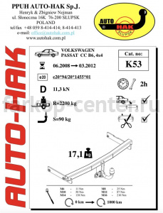 Фаркоп Auto-Hak для VOLKSWAGEN PASSAT CC 2008-2012. Артикул K 53